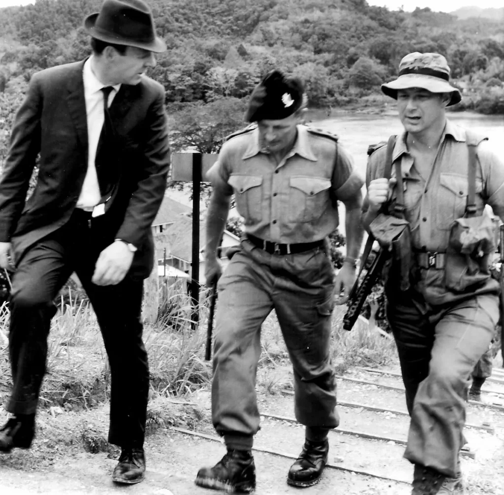 Sarawak, Lt Col Purdon (centre) with Secretary of State for War, James Ramsden, and (right) Company Commander, Major John Cave
