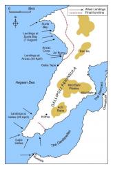 The Gallipoli Peninsula showing landing points