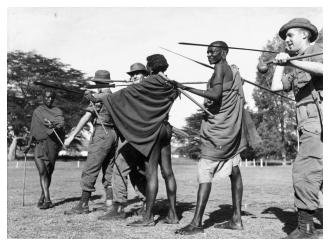 Masai tribesmen and Inniskillings try each others weapons