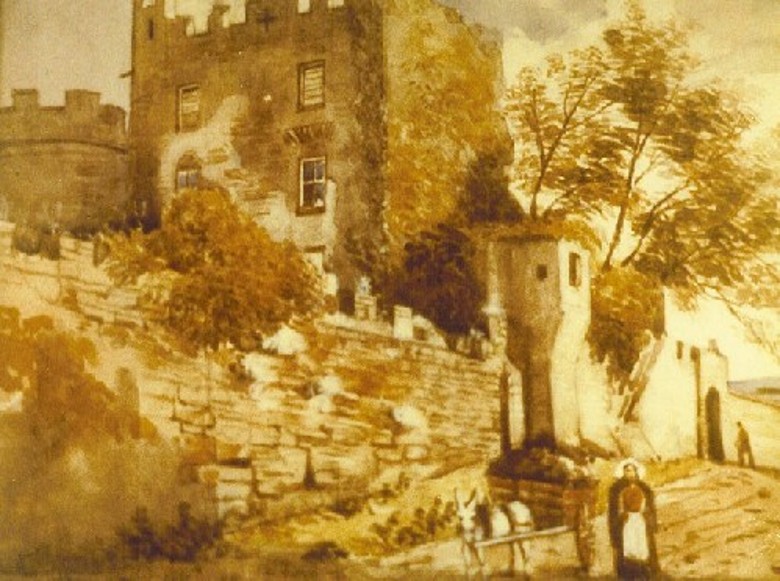 Photograph of a watercolor of Castle Waller, photographed by Norman Flahiff and contributed by Mary Wiseman. Castle Waller was sold in 1851 during the Irish Famine by William Henry Brazier Waller, the last of the family to own the estate. (Source: https://www.jocelynwaller.info/Castlewaller.htm )