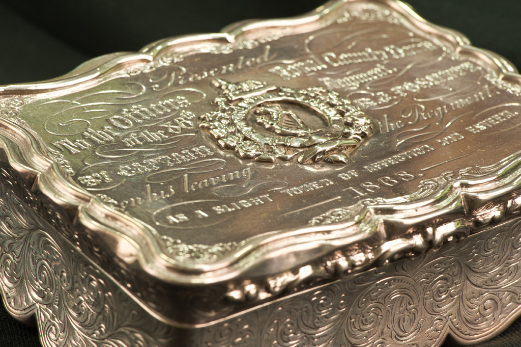 Detail of silver snuff box, 1868